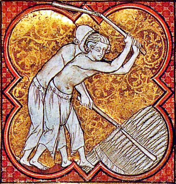 MĹ‚oĚcenie zbozĚ‡a przy pomocy cepoĚw, francuska miniatura z XIII wieku